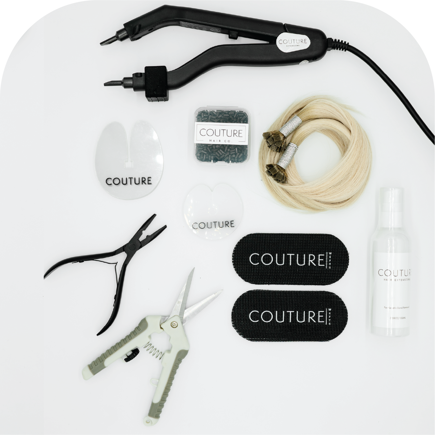 Couture Hair Co. Couture Tip Stylist Starter kit with Heat Tool, Head Shields, Scissors, Pliers, Bond Remover, Keratin Replacement Beads, Velcro Grippers, Practice Hair.